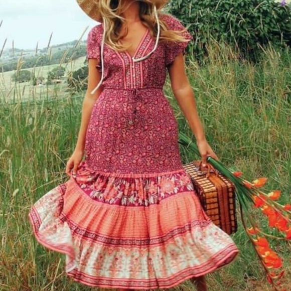Dresses & Skirts - Boho Gypsy Red Floral Print V neck Ruffle Midi Dress